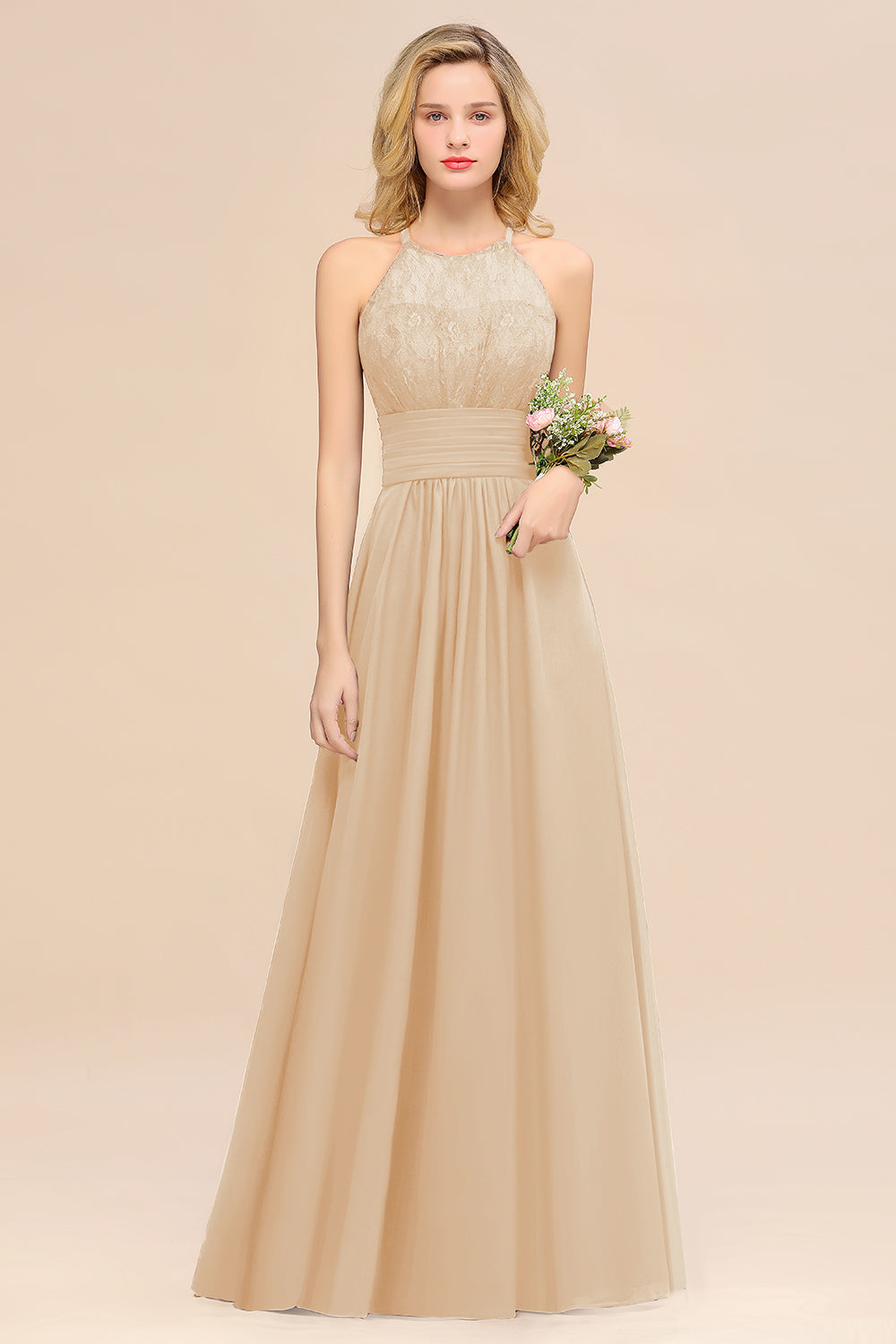 Champagne Halter Chiffon A-Line Long Bridesmaid Dress