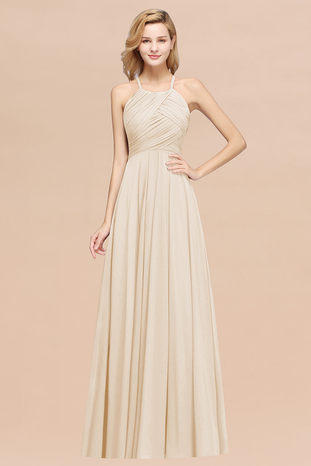 Champagne Halter Chiffon A-Line Long Bridesmaid Dress with Ruching