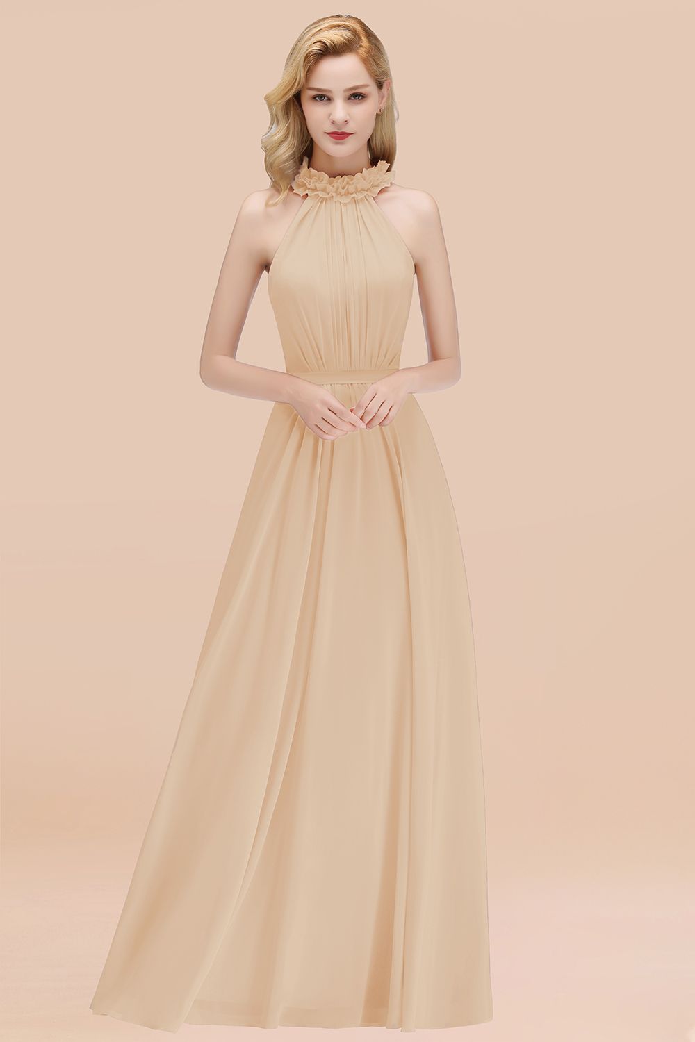 Champagne High Neck Chiffon A-Line Long Bridesmaid Dress