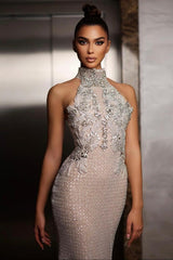 Champagne High Neck Sequin Mermaid Long Evening Dress Bodice Detail