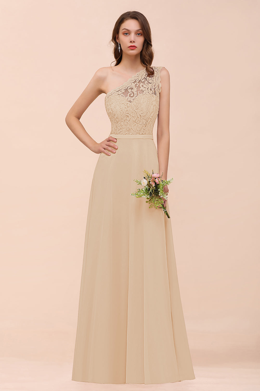 Champagne One Shoulder Chiffon A-Line Long Bridesmaid Dress