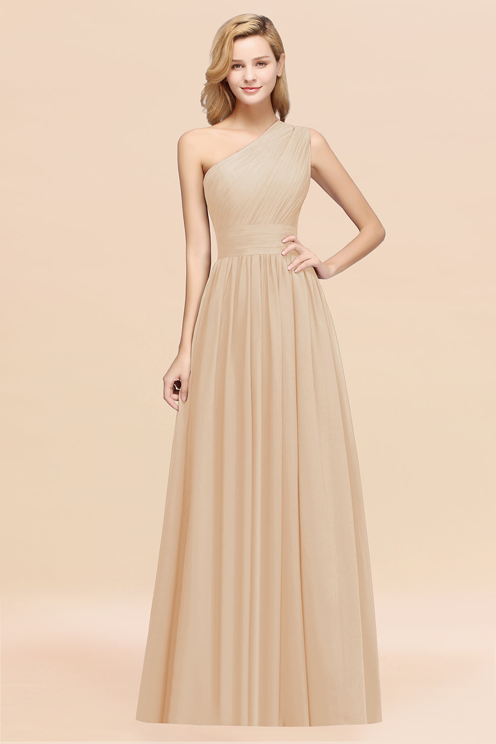 Champagne One Shoulder Chiffon A-Line Long Bridesmaid Dress