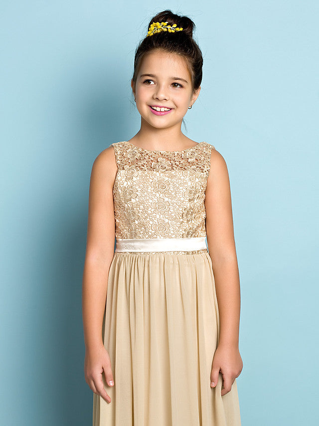 Champagne Scoop Neck Chiffon A-Line Flower Girl Dress Bodice Detail