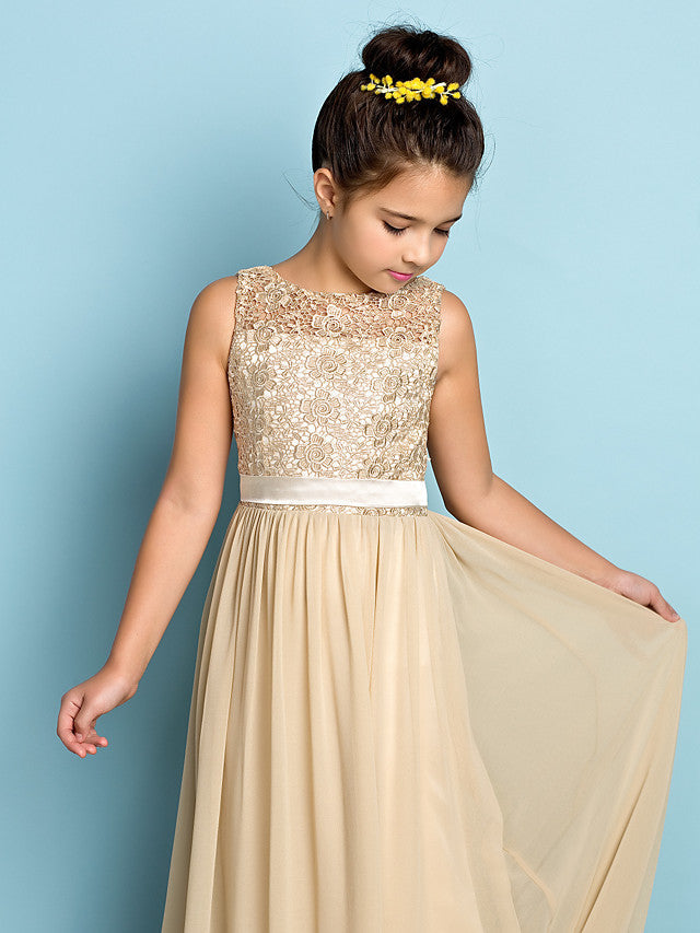 Champagne Scoop Neck Chiffon A-Line Flower Girl Dress Bodice Detail