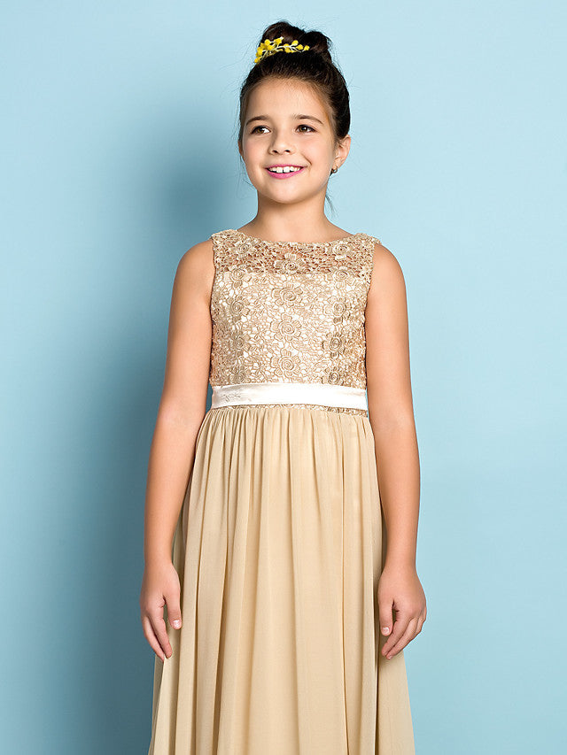 Champagne Scoop Neck Chiffon A-Line Flower Girl Dress Bodice Detail