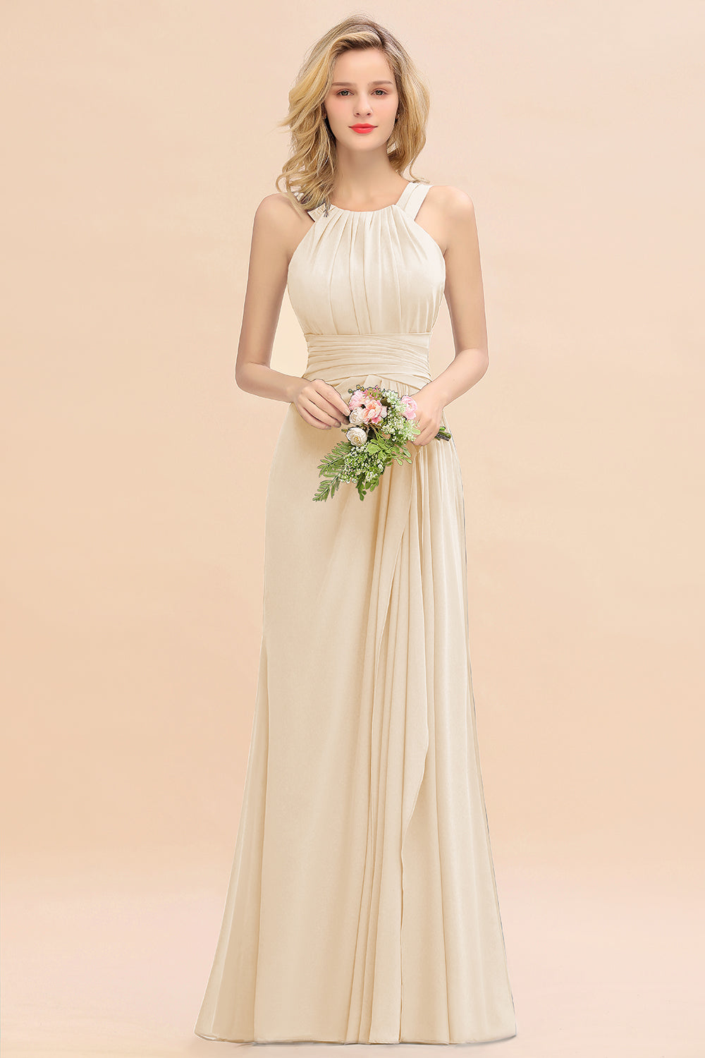 Champagne Scoop Neck Chiffon A-Line Long Bridesmaid Dress