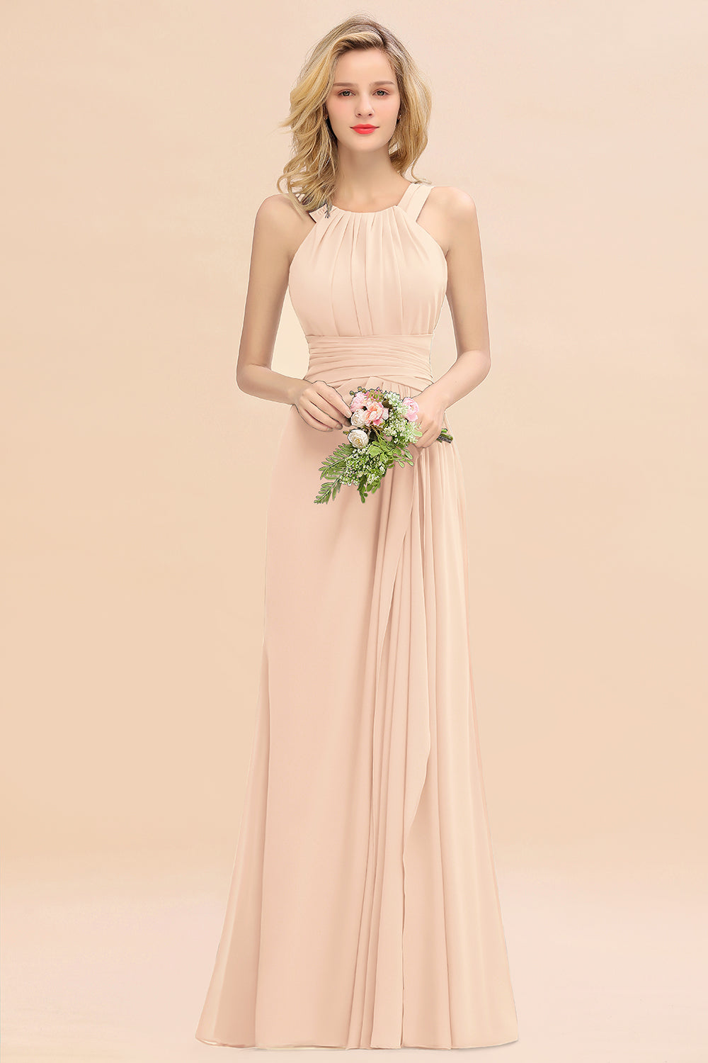 Champagne Scoop Neck Chiffon A-Line Long Bridesmaid Dress