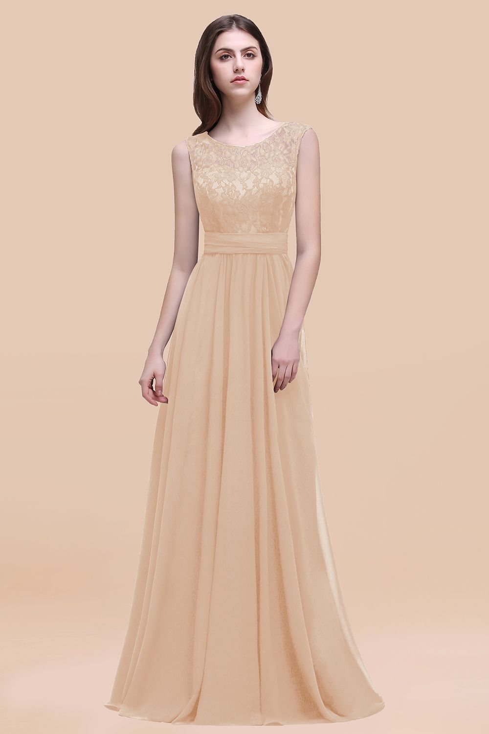 Champagne Scoop Neck Chiffon A-Line Long Bridesmaid Dress