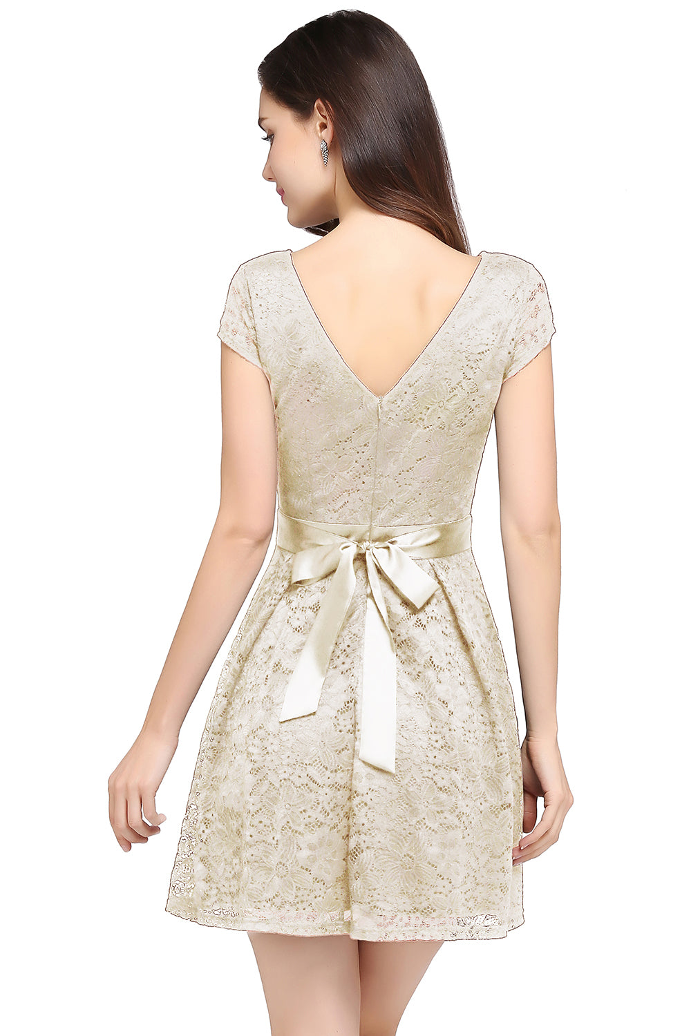 Champagne Scoop Neck Lace A-Line Short Bridesmaid Dress Back View