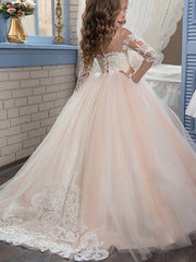 Champagne Scoop Neck Tulle Ball Gown Flower Girl Dress with Long Sleeves and Lace Appliques Back View