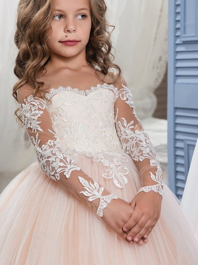Champagne Scoop Neck Tulle Ball Gown Flower Girl Dress with Long Sleeves and Lace Appliques Bodice Detail