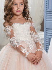 Champagne Scoop Neck Tulle Ball Gown Flower Girl Dress with Long Sleeves and Lace Appliques Bodice Detail