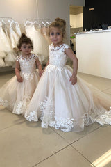 Champagne Scoop Neck Tulle Ball Gown Flower Girl Dress with Sweep Train