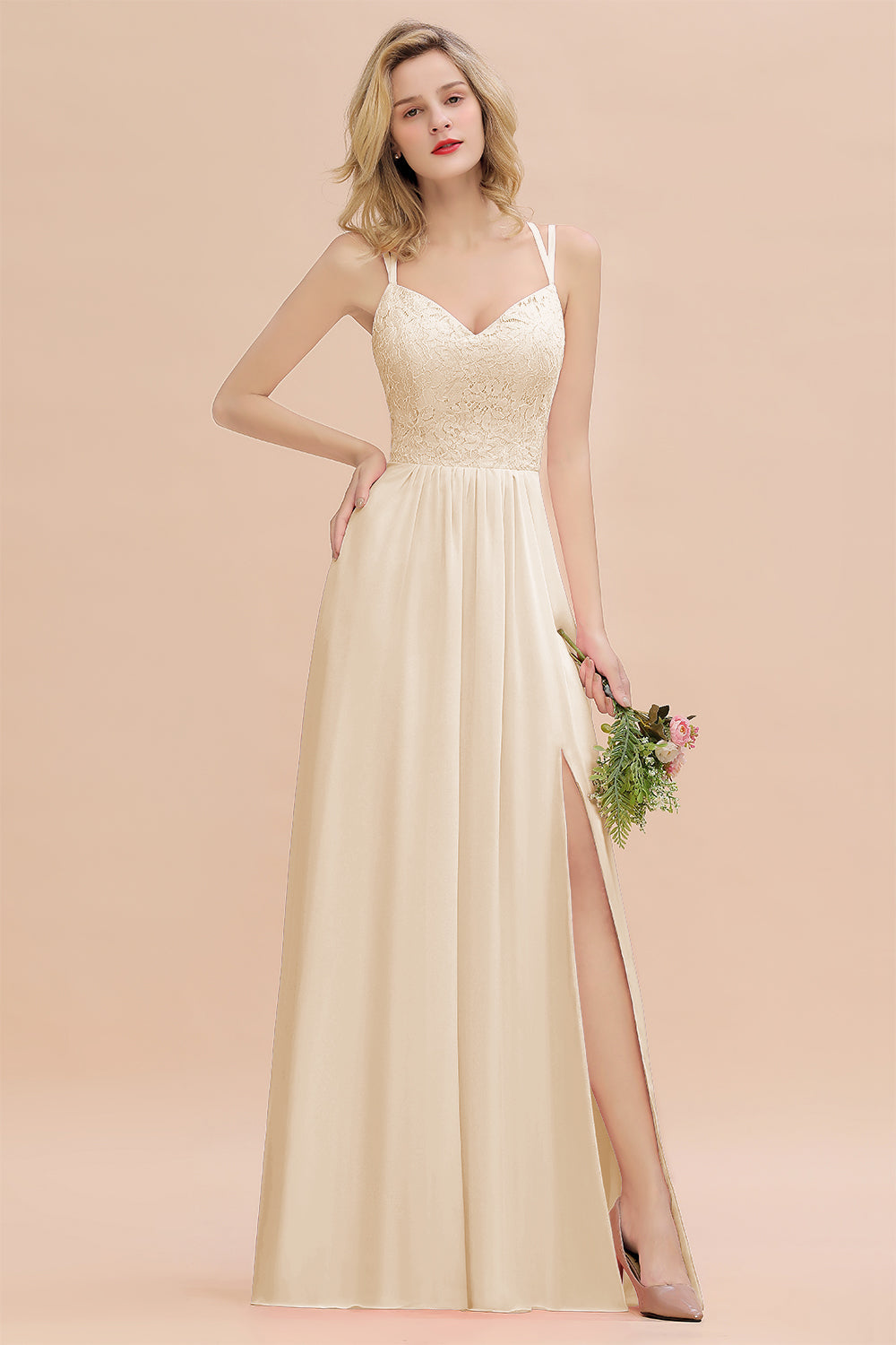 Champagne Sweetheart Chiffon A-Line Long Bridesmaid Dress with Slit