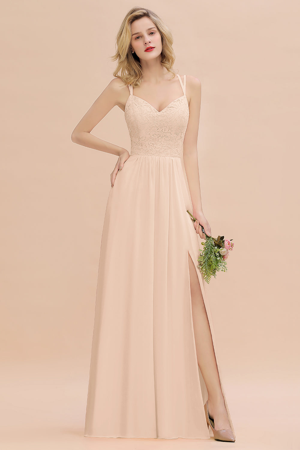 Champagne Sweetheart Chiffon A-Line Long Bridesmaid Dress with Slit