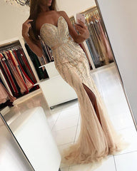 Champagne Sweetheart Sequin Mermaid Long Prom Dress with Slit