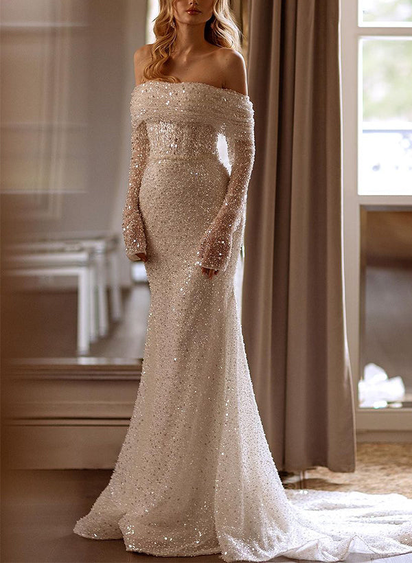 Champagne Sweetheart Sequin Mermaid Sweep Train Wedding Dress