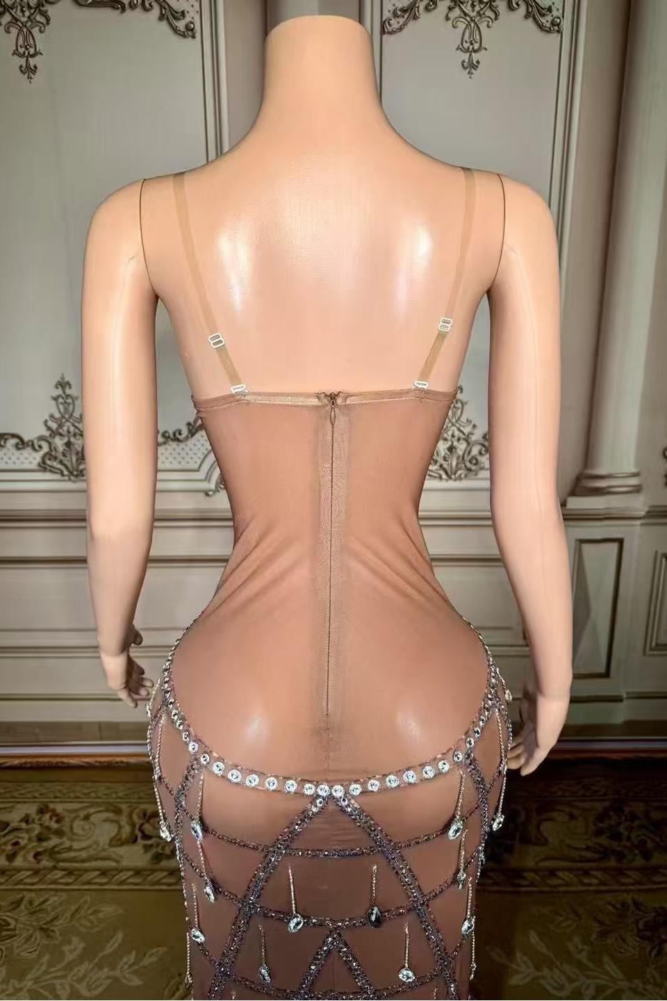 Champagne Sweetheart Sheath Long Prom Dress with Rhinestones Back Detail