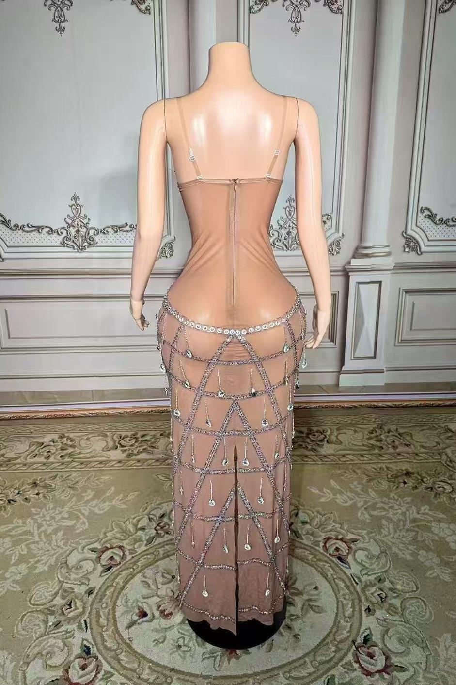 Champagne Sweetheart Sheath Long Prom Dress with Rhinestones Back View