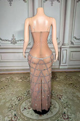 Champagne Sweetheart Sheath Long Prom Dress with Rhinestones Back View
