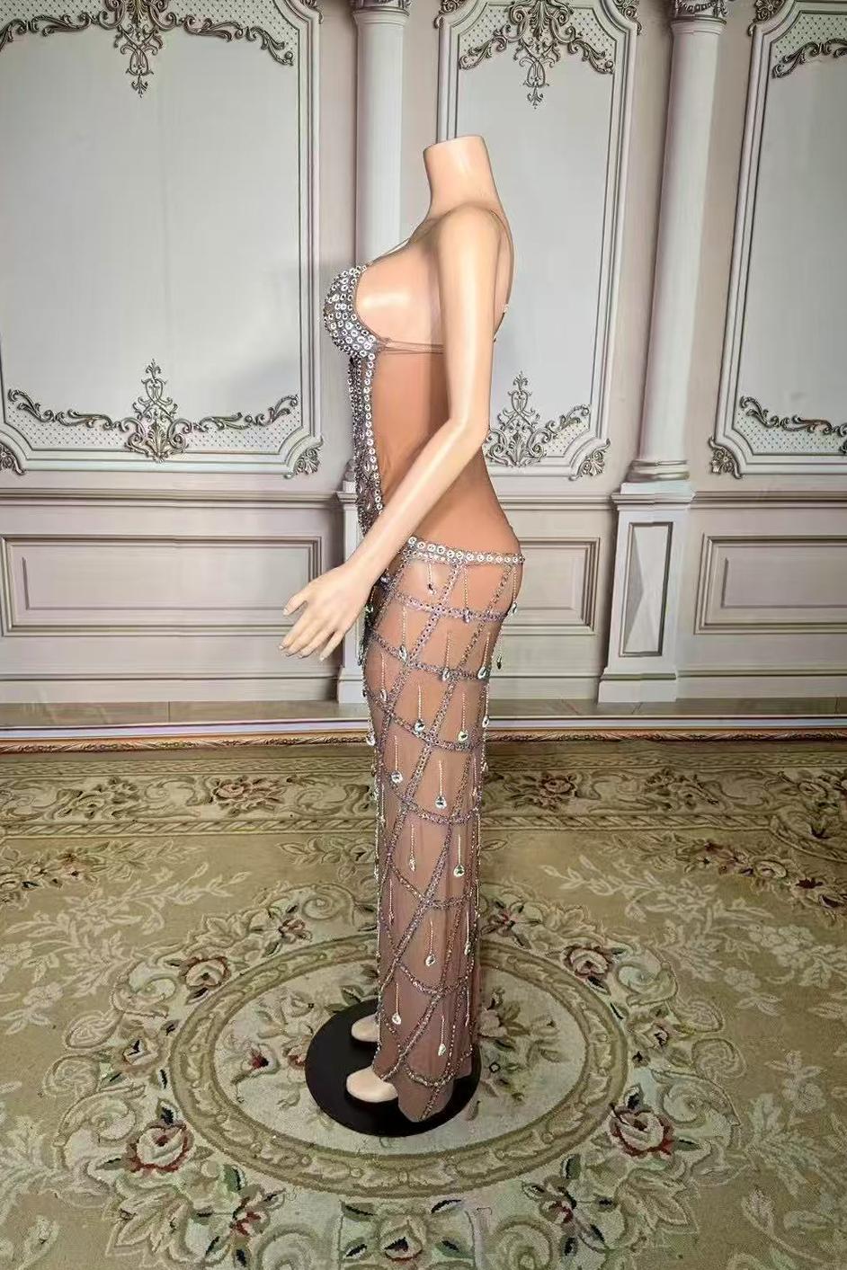 Champagne Sweetheart Sheath Long Prom Dress with Rhinestones Side View