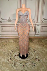 Champagne Sweetheart Sheath Long Prom Dress with Rhinestones