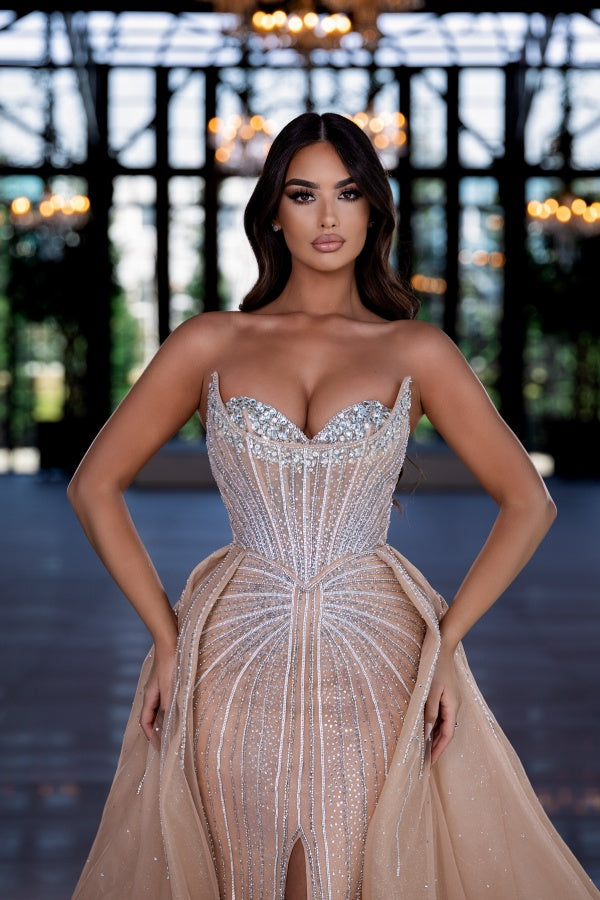 Champagne Sweetheart Sheath Long Prom Dress with Slit Bodice Detail