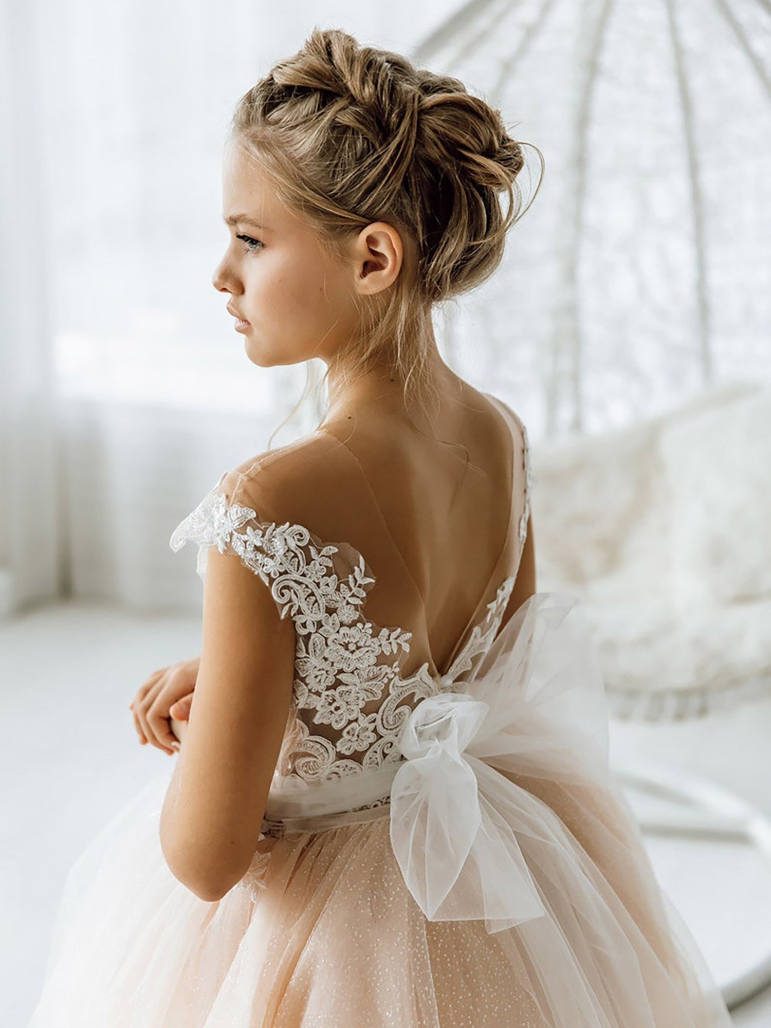Champagne Tulle Ball Gown Flower Girl Dress with Lace Appliques Back Detail