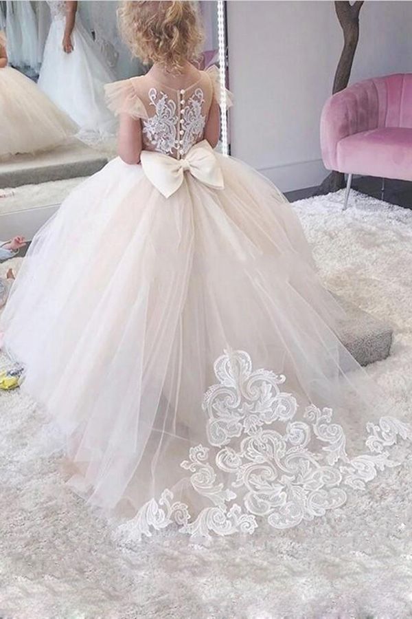 Champagne Tulle Ball Gown Flower Girl Dress with Lace Appliques and Bow