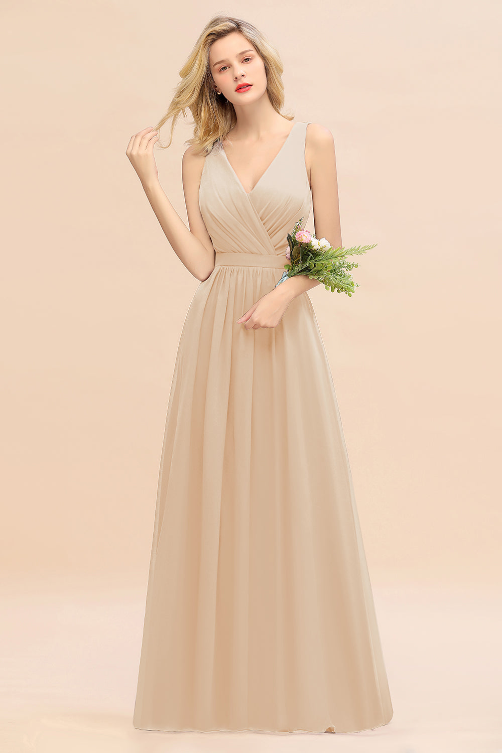 Champagne V-Neck Chiffon A-Line Long Bridesmaid Dress with Ruching