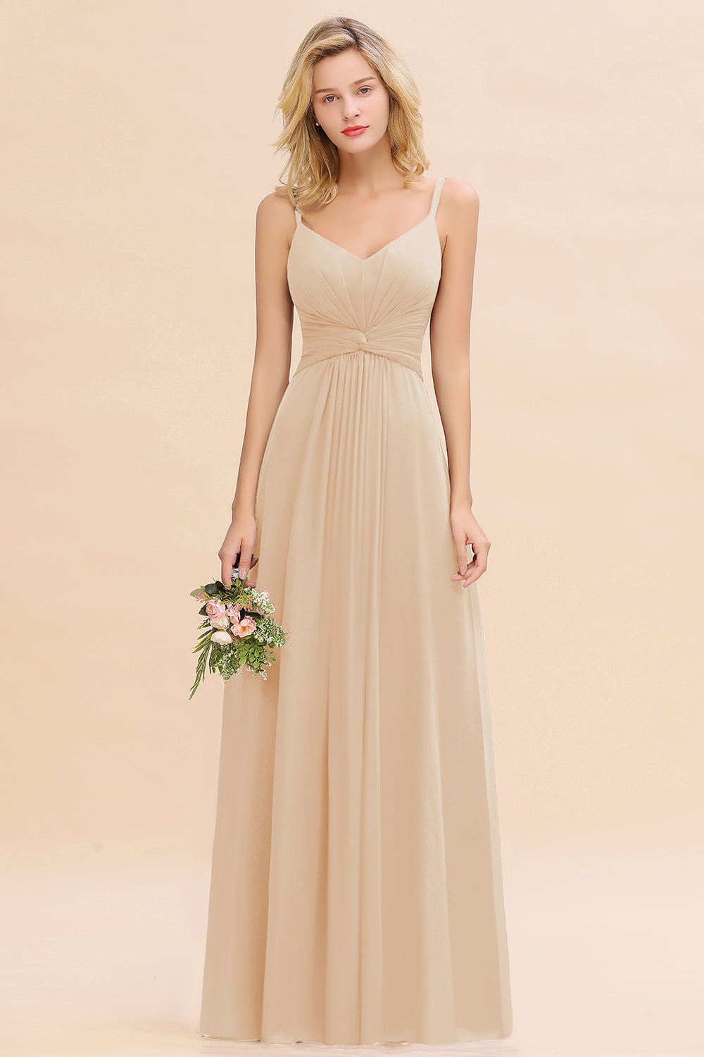 Champagne V-Neck Chiffon A-Line Long Bridesmaid Dress with Ruching