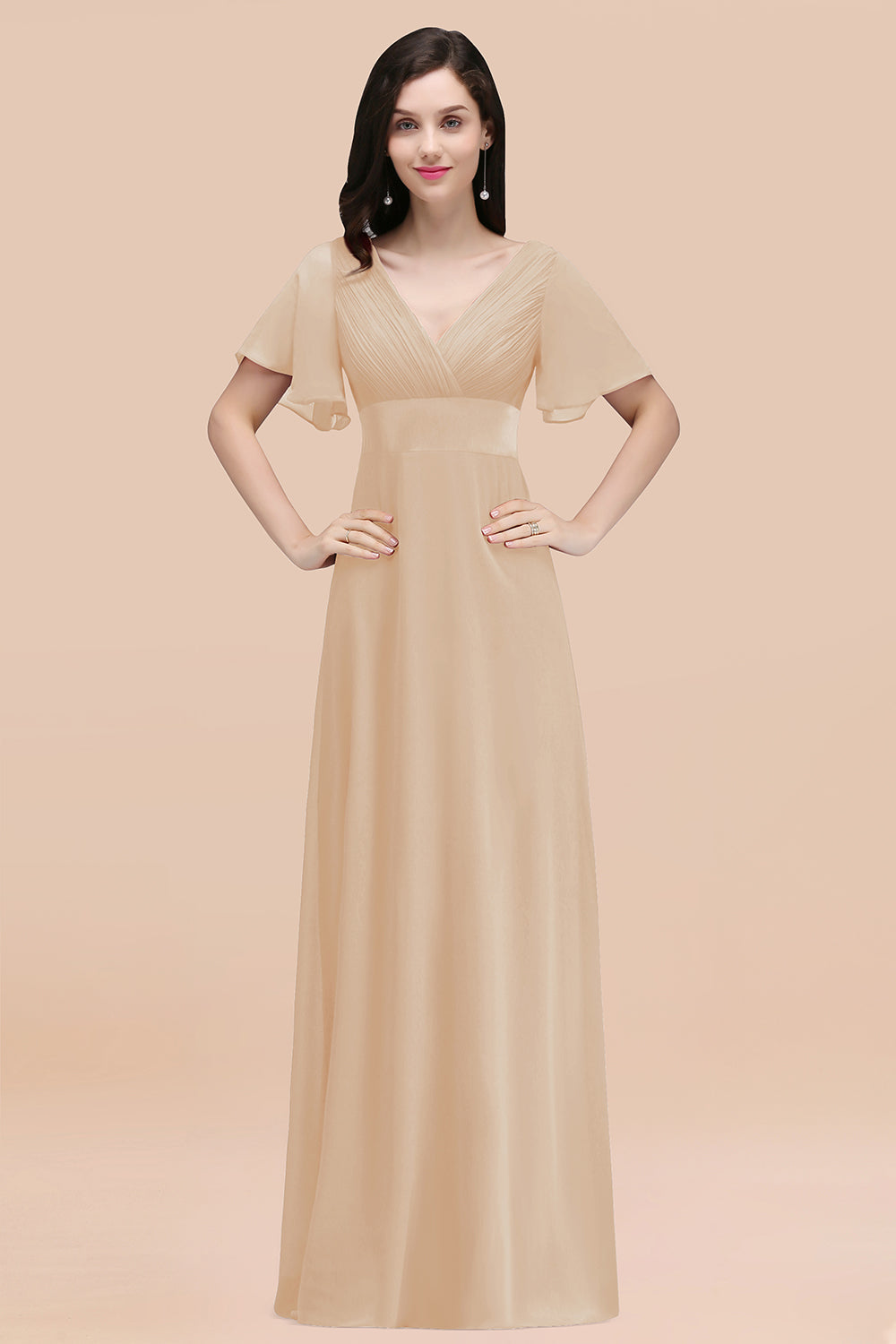 Champagne V-Neck Chiffon Empire Long Bridesmaid Dress with Pleats