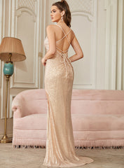 Champagne V-Neck Sequin Sheath Long Prom Dress with Slit Back View