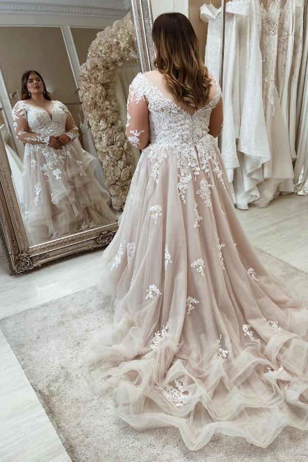 Champagne V-Neck Tulle A-Line Wedding Dress with Lace Appliques and Long Sleeves