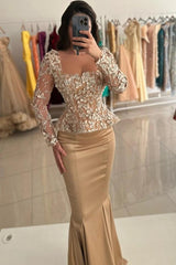 27Dress Champagne Long Sleeves Mermaid Long Formal Dress with Appliques