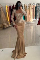 27Dress Champagne Long Sleeves Mermaid Long Formal Dress with Appliques