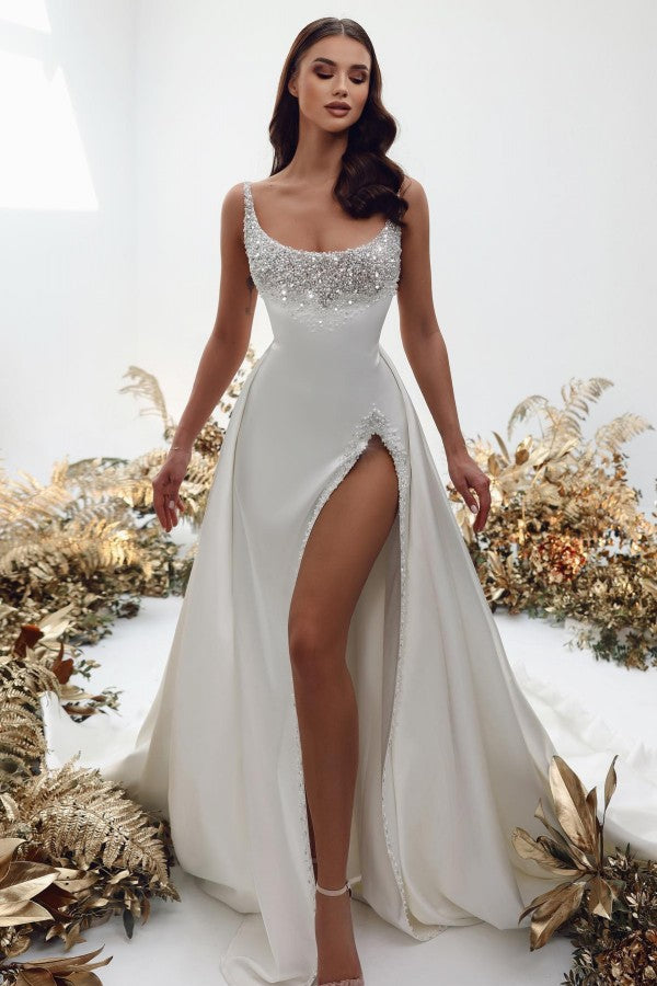 Load image into Gallery viewer, A-Line Spaghetti Straps Satin Beading Long Wedding Dresses with Split
