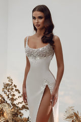 A-Line Spaghetti Straps Satin Beading Long Wedding Dresses with Split