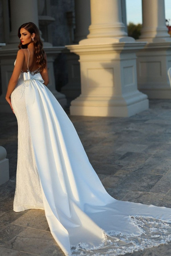 Mermaid Sweetheart Satin Lace Open Back Long Wedding Dresses with Bow