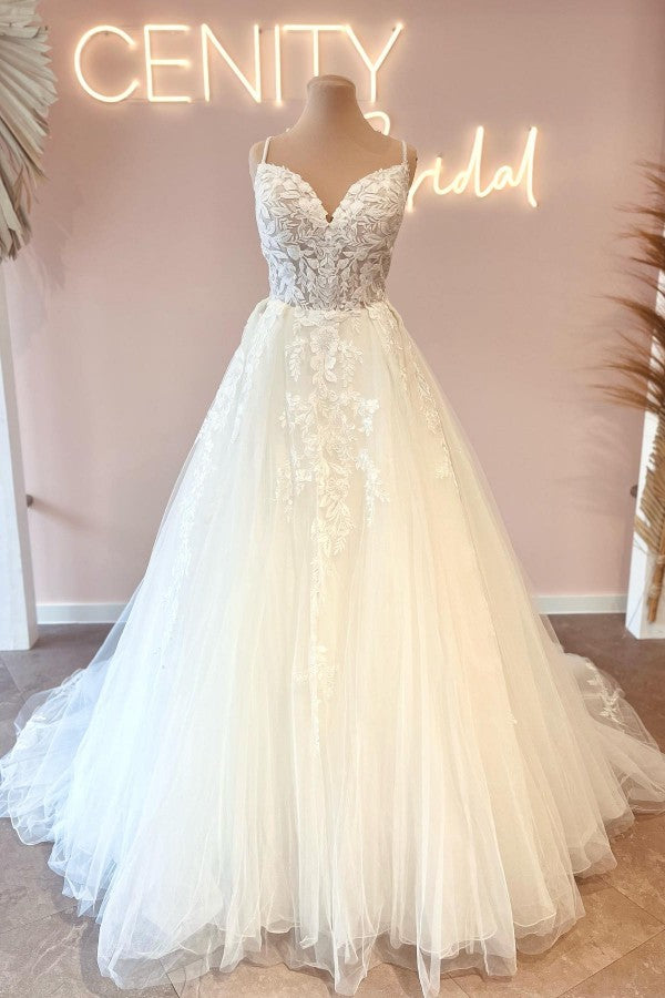 Simple A-Line Sweetheart Spaghetti Straps Tulle Lace Long Wedding Dresses