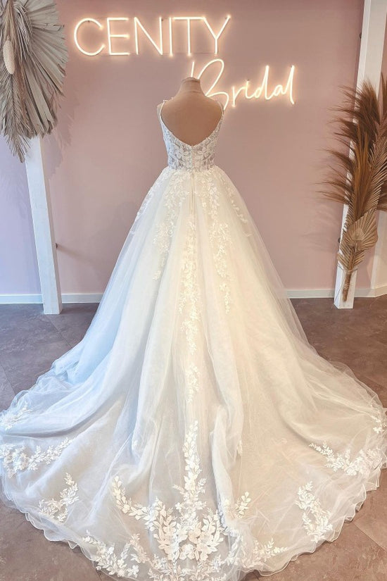 Simple A-Line Sweetheart Spaghetti Straps Tulle Lace Long Wedding Dresses