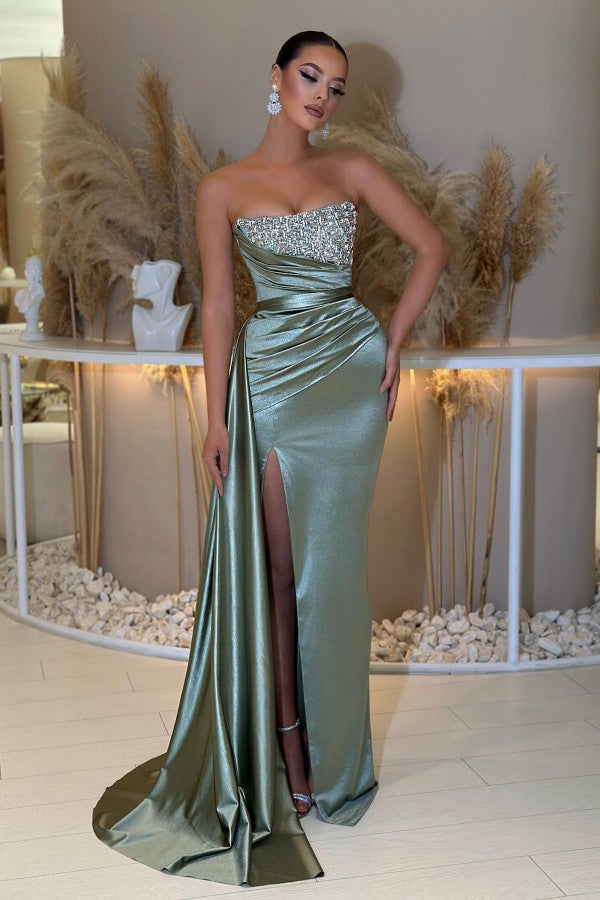 Sexy A-Line Strapless Satin Sleeveless Long Beading Prom Dresses with Slit