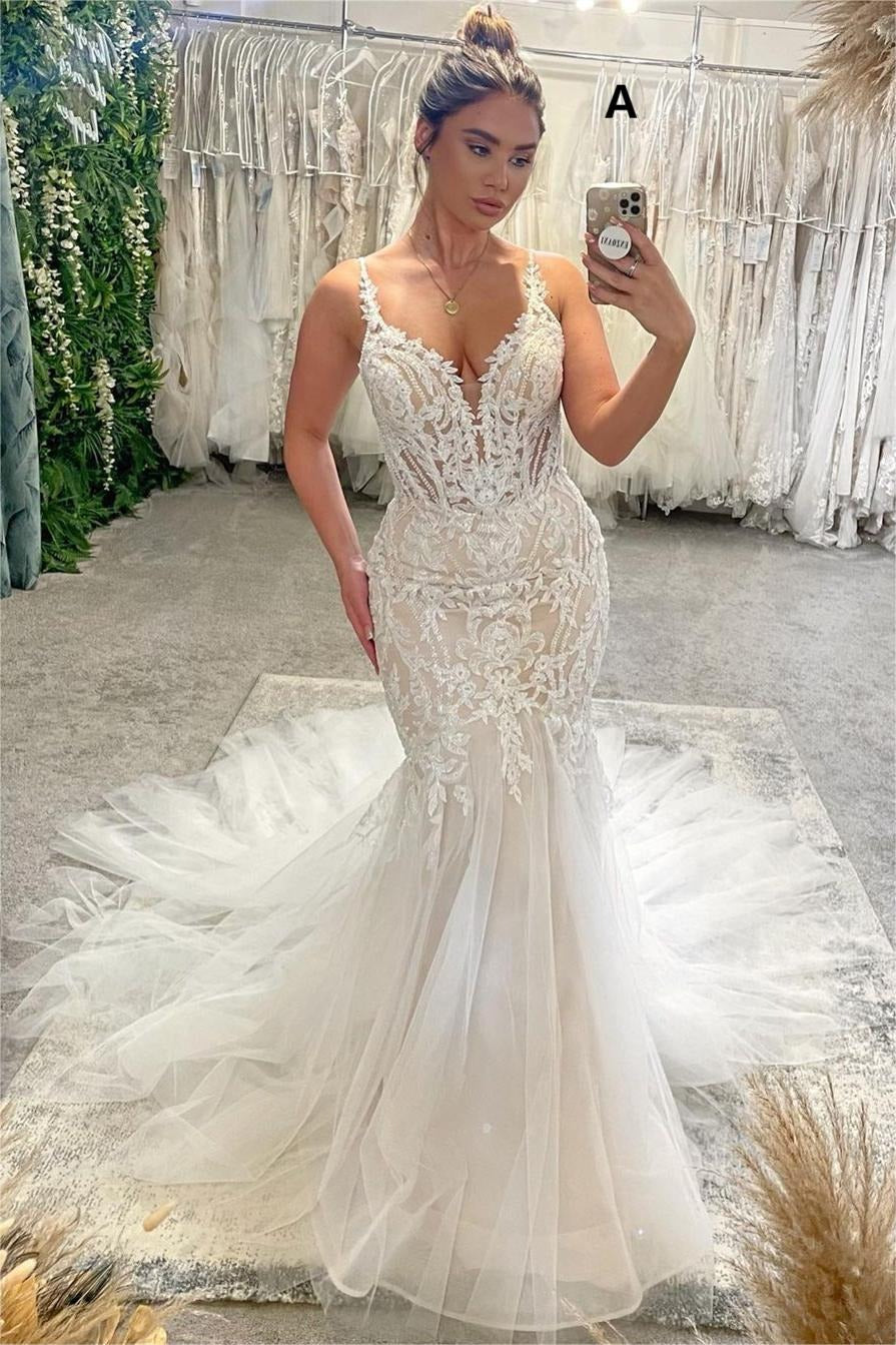 Elegant Long Mermaid V-neck Lace Open Back Wedding Dresses