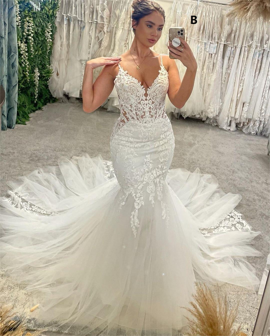 Elegant Long Mermaid V-neck Lace Open Back Wedding Dresses