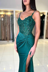 Mermaid Spaghetti Tulle Prom Dresses with Paillette Sweep Train