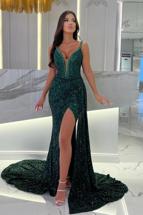Dark Green Mermaid V-neck Spaghetti Straps Sequined Long Prom Dresses With Split