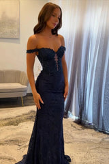 27Dress Dark Navy Off-the-shoulder Lace Mermaid Long Prom Dress