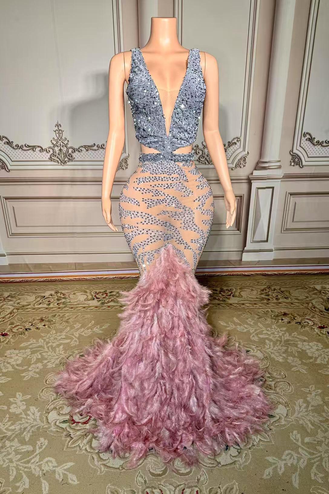 Deep V-Neck Sequin Mermaid Long Evening Dress with Beading