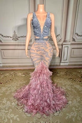 Deep V-Neck Sequin Mermaid Long Evening Dress with Beading
