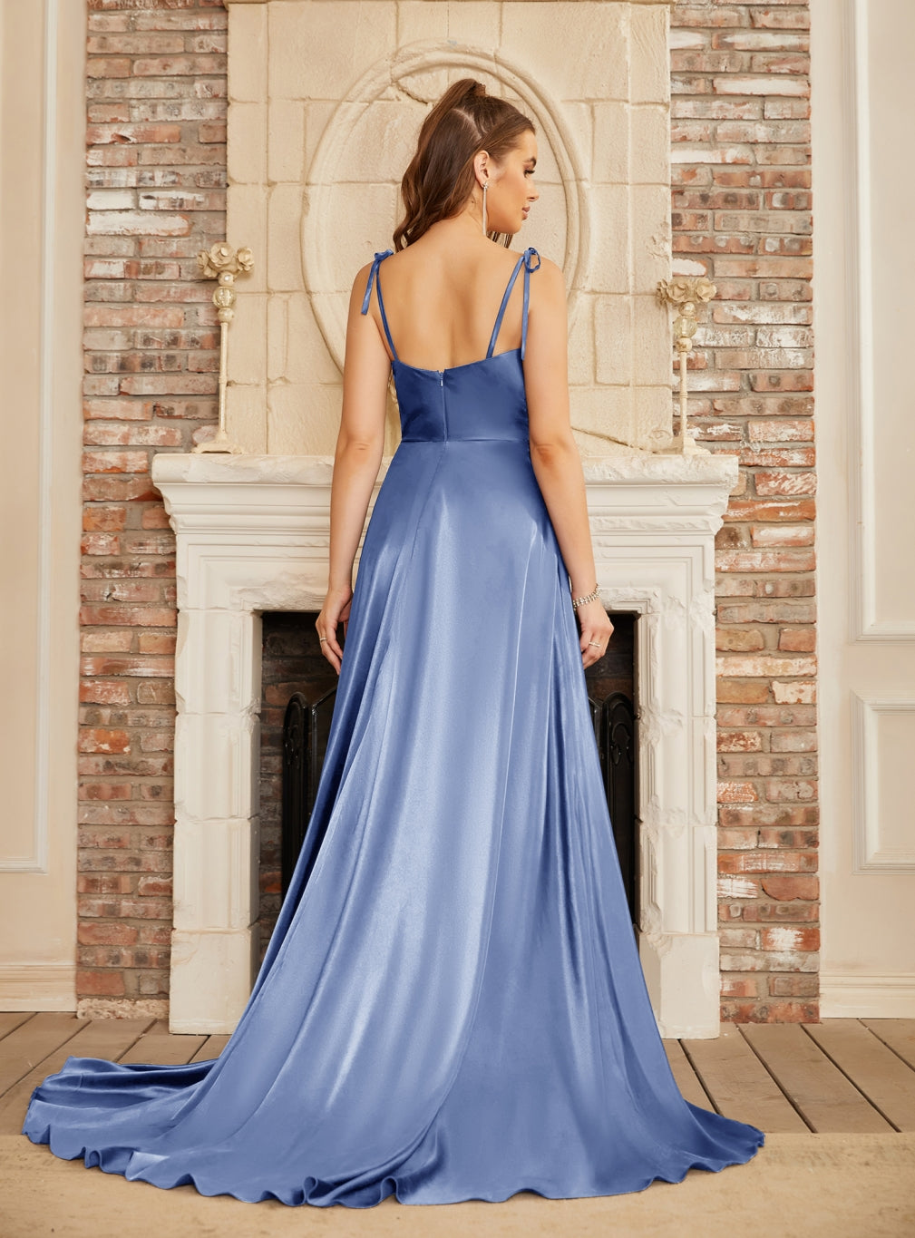 Dusty Blue Cowl Neck Satin A-Line Long Prom Dress with Bow Back View